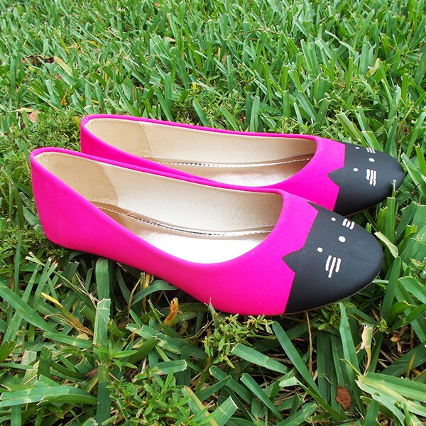 Pink Shoes - Cat Flats - Cat Shoes - Handpainted Shoes - Gifts - Unique Shoes - Women's Shoes - Cute Shoes - By Haute Kature