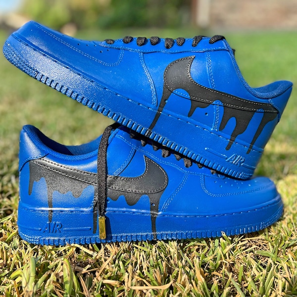 Custom Nike Air Force 1 Low Mid High Men's Blue BLACK Drip Shoes Art Painted Service