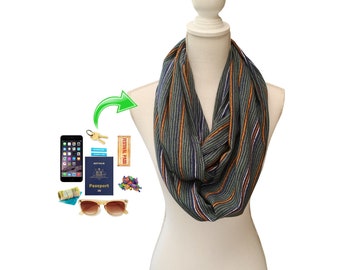 Long Zip Pocket Loop Infinity Scarf for travel, holiday, vacation to hold passport money keys tickets ID Green Blue Orange Striped Fabric