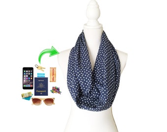 Zip Pocket Long Loop Infinity Scarf Lightweight Spring Summer Autumn Fall Off Blue White Viscose Rayon Fabric