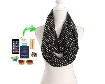 Women's Zip Up Pocket Loop Infinity Scarf to carry money, keys, passport etc Rayon/Viscose Fabric