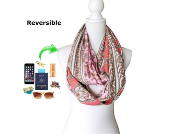 Women's Zip Pocket Loop Infinity Scarf for passport, phone, money, keys, ID etc  Rayon Viscose Fabric