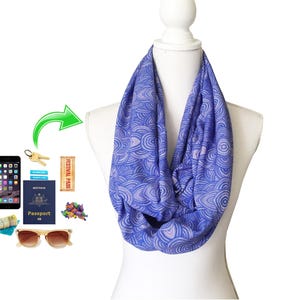 Long Zip Pocket Loop Infinity Scarf for travel, holiday, vacation to hold passport money keys tickets ID Viscose/Rayon Fabric