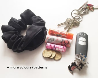 Zip Pocket Adjustable Hair Scrunchie for holding keys, money, tissue, lip balm, tampon, lollies, gum etc