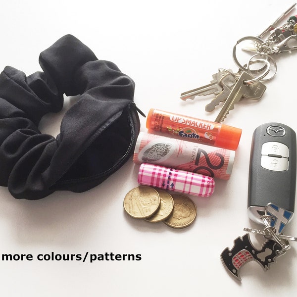 Zip Pocket Adjustable Hair Scrunchie for holding keys, money, tissue, lip balm, tampon, lollies, gum etc