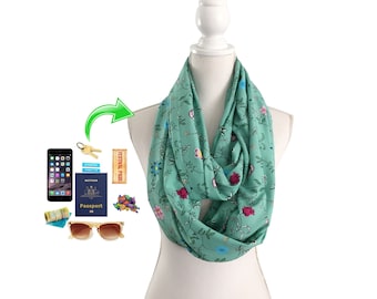 Zip up Pocket Loop Infinity Scarf for passport money ID keys phone Rayon / Viscose Fabric