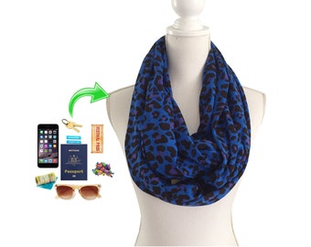 Zip Up Pocket Infinity Scarf for passport, money, keys etc  Lightweight Rayon Viscose Fabric