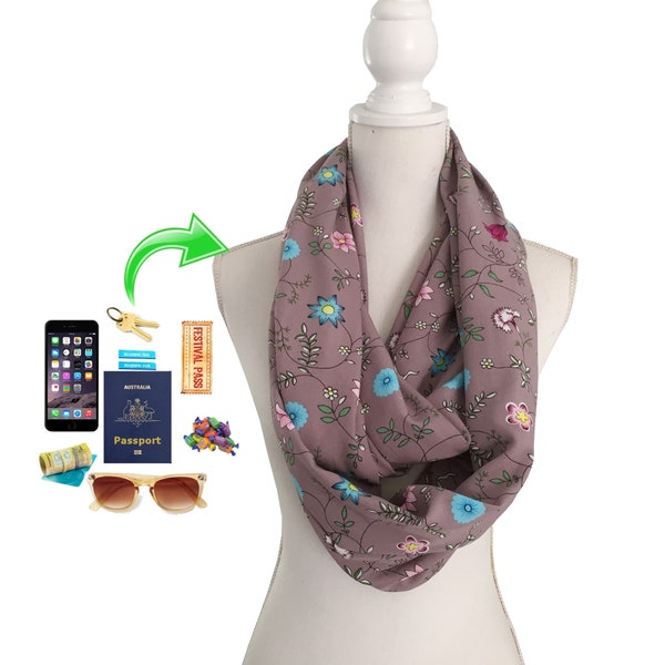 Damen Reißverschlusstasche Loop Infinity Schal für Geld, Schlüssel, Telefon, Händedesinfektion usw Sommer Frühling Herbst Rosa Grau Rayon Viskose Stoff zu tragen