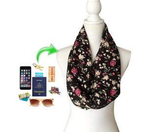 Women's Zip Pocket Infinity Scarf Long Loop for phone sanitiser keys etc Lightweight Spring Autumn Fall Rayon Fabric