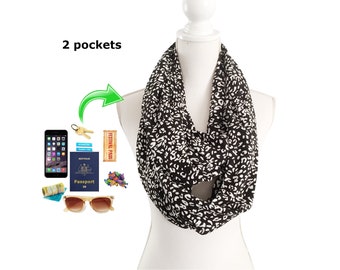 Women's Zip Pocket Long Loop Infinity Scarf for money, keys, sanitiser Lightweight Spring Summer Autumn Fall Black White Rayon Fabric