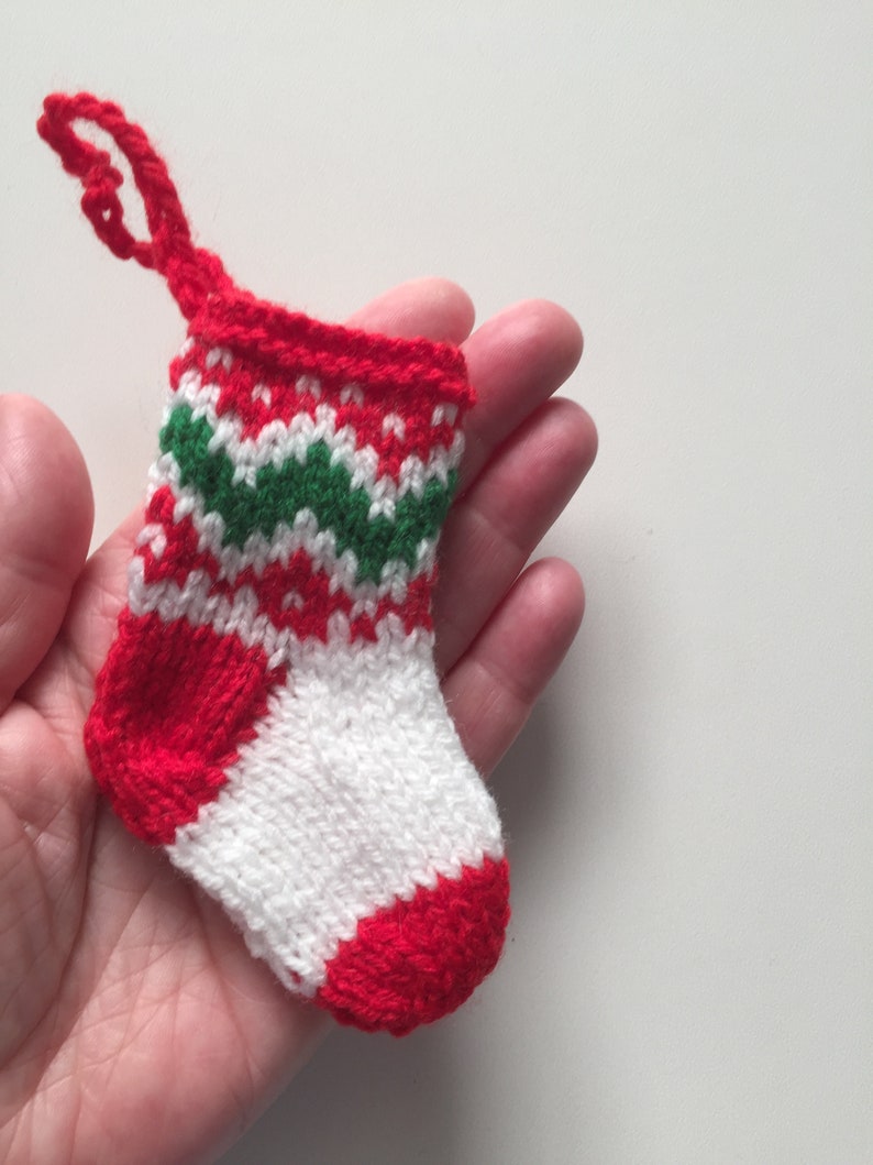 FIVE Handknitted Small Mini Tiny Little Christmas Stocking Tree Decoration Red Green White Set of 5 Ready to Ship image 5