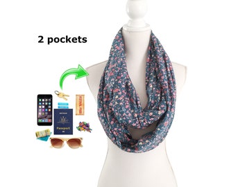 Zip Pocket Long Loop Infinity Scarf for sanitiser, phone, keys etc Spring Summer Autumn Fall Viscose Rayon Fabric