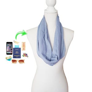 May include: A light blue infinity scarf with a dotted pattern is displayed on a white mannequin. The scarf is draped around the mannequin's neck. A green arrow points to a smartphone, keys, passport, festival pass, sunglasses, and other items.