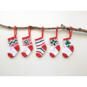 FIVE Handknitted Small Mini Tiny Little Christmas Stocking Tree Decoration Red Green White Set of 5 Ready to Ship