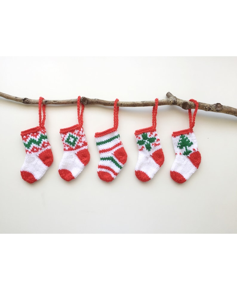 FIVE Handknitted Small Mini Tiny Little Christmas Stocking Tree Decoration Red Green White Set of 5 Ready to Ship image 1