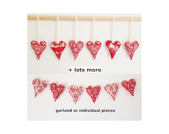 SIX handmade Fabric Christmas Heart Decorations Hanging Tree Ornaments Grey Red Off White Scandi Nordic Ready to Ship