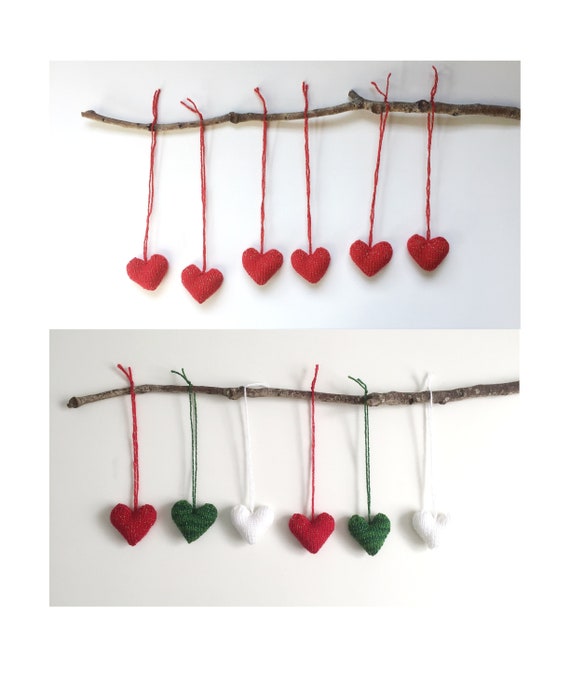 SIX Handknitted Christmas Heart Decorations Hanging Tree Ornaments Red Sparkly Acrylic Yarn Polyester Stuffing Ready to Ship