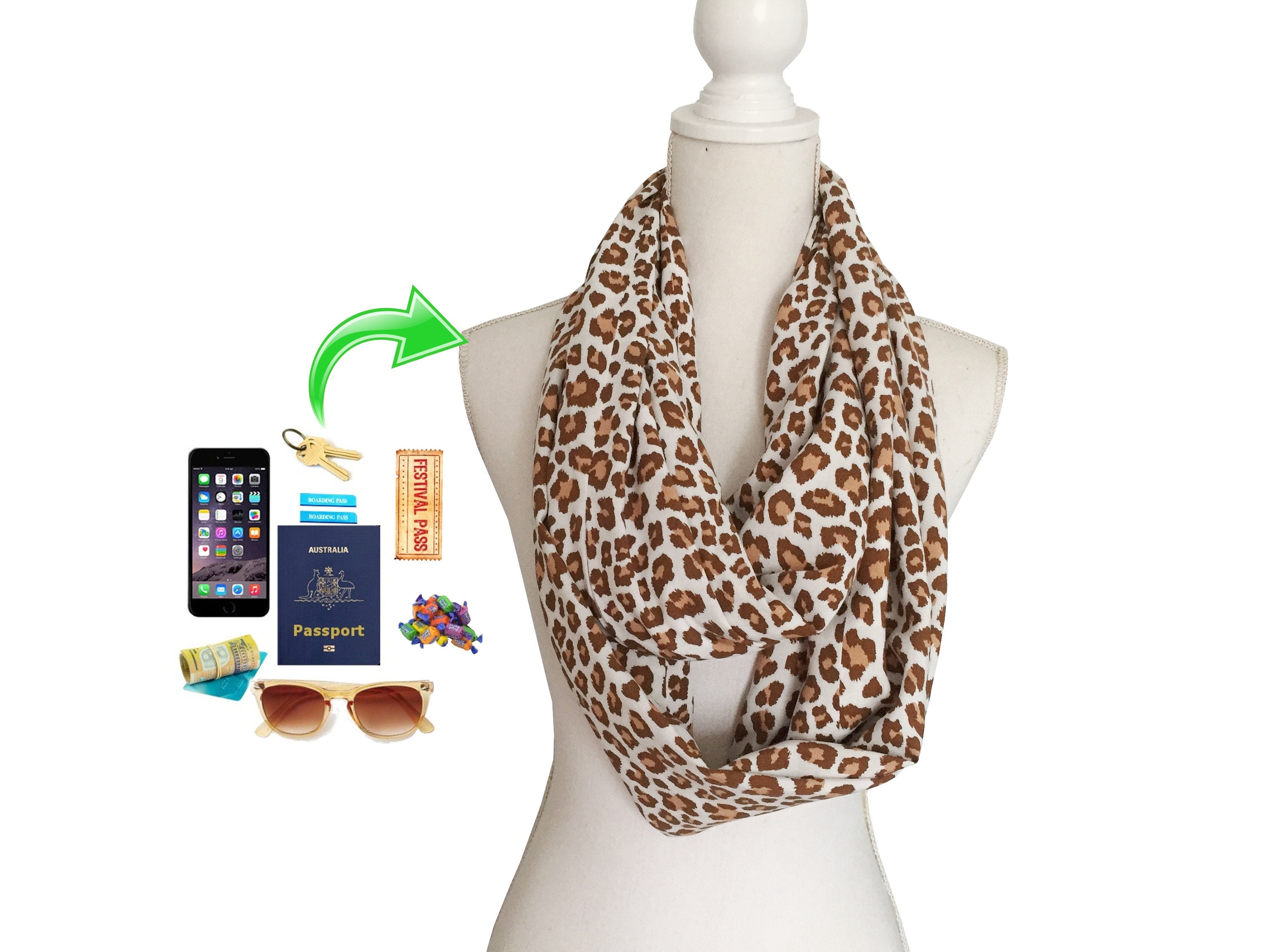 Écharpe De Voyage Avec Poche Zippée Cachée - Foulard Infinity 180 Cm - Rangement Passeport, Téléphone, Argent - Pour Avion, Travail, Vacances - 2