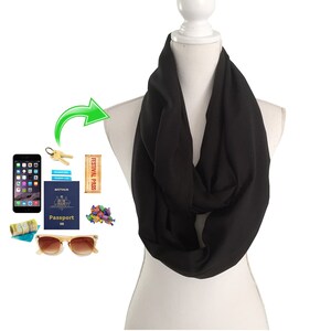 Zip Pocket Long Loop Infinity Scarf for money, keys, passport Spring Summer Autumn Fall Lightweight Plain Black Fabric