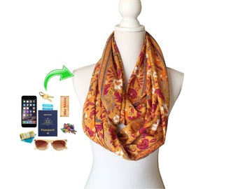 Zip Pocket Long Loop Infinity Scarf for travel holiday vacation to hold phone keys money ID Floral Viscose/Rayon Fabric