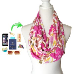 Women's Zip Pocket Loop Infinity Scarf for passport, phone, money, keys, ID etc  Rayon Viscose Fabric