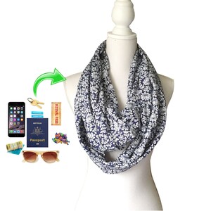 Women's Zip Pocket Loop Infinity Scarf for travel, holidays, vacation to hold passport money keys phone Navy Rayon Fabric