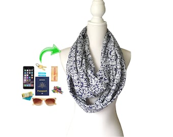 Women's Zip Pocket Loop Infinity Scarf for travel, holidays, vacation to hold passport money keys phone Navy Rayon Fabric