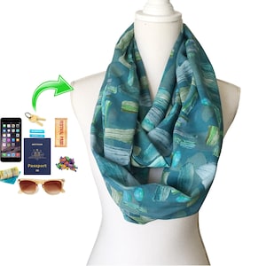 Zip Up Pocket Long Loop Infinity Scarf for phone passport sanitizer money keys etc Lightweight Viscose Rayon Fabric