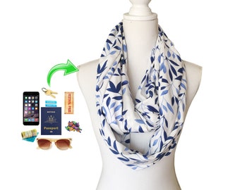 Zip Pocket Infinity Scarf to carry phone, keys, ID, hand sanitiser etc for Summer Spring Autumn Fall Rayon Fabric