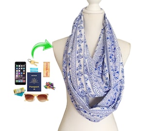 Zip Pocket Infinity Scarf for phone, keys, money, passport Lightweight Rayon Fabric