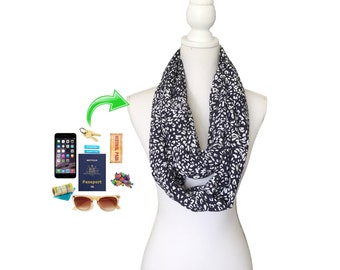 Women's Zip Pocket Long Loop Infinity Scarf for phone, keys etc Lightweight Spring Summer Autumn Fall Navy Rayon Fabric