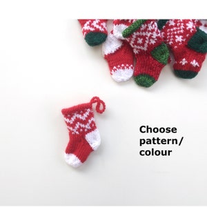 ONE Handknitted Small Mini Tiny Little Christmas Stocking Tree Decoration Red White - Choose Pattern - Ready to Ship