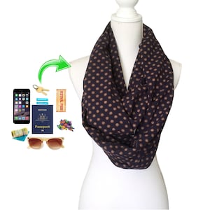 Zip Pocket Loop Infinity Scarf for passport cell phone money keys travel lightweight navy rayon fabric