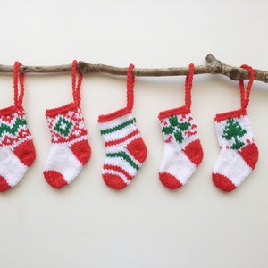 FIVE Handknitted Small Mini Tiny Little Christmas Stocking Tree Decoration Red Green White Set of 5 Ready to Ship image 2