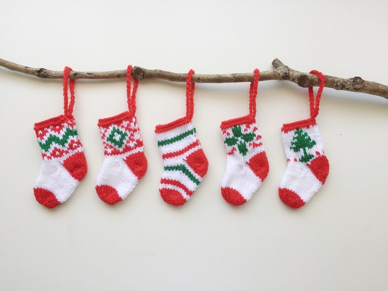 FIVE Handknitted Small Mini Tiny Little Christmas Stocking Tree Decoration Red Green White Set of 5 Ready to Ship image 2