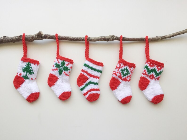 FIVE Handknitted Small Mini Tiny Little Christmas Stocking Tree Decoration Red Green White Set of 5 Ready to Ship image 3