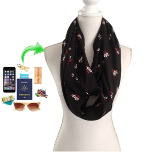 Zip Pocket Long Loop Infinity Scarf for travel, to keep phone passport money keys sunglasses etc Viscose Fabric