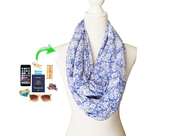 Zip Pocket Infinity Scarf for phone, keys, money, passport Lightweight Rayon Fabric