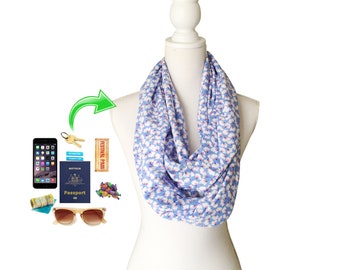 Women's Zip Pocket Long Loop Infinity Scarf to carry phone, passport, credit card etc lightweight viscose / rayon fabric