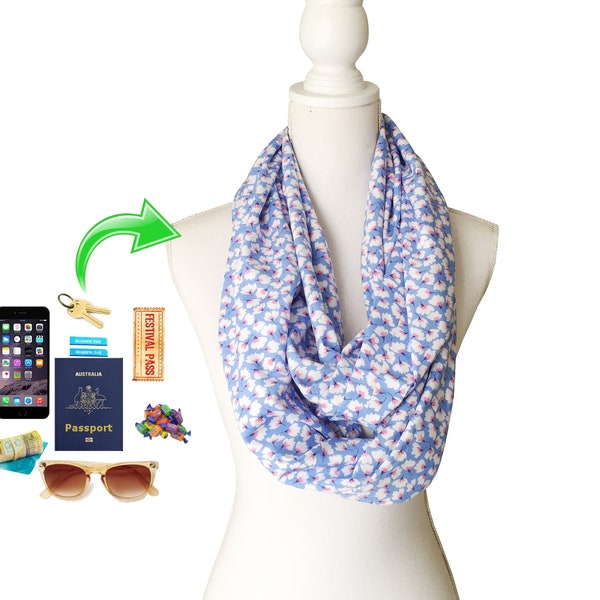 Women's Zip Pocket Long Loop Infinity Scarf to carry phone, passport, credit card etc lightweight viscose / rayon fabric