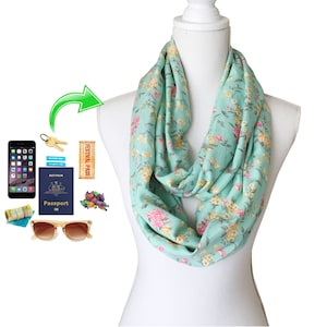 Infinity Scarf with zip pocket for passport, phone, money, keys etc Double Loop Length Rayon/Viscose Fabric