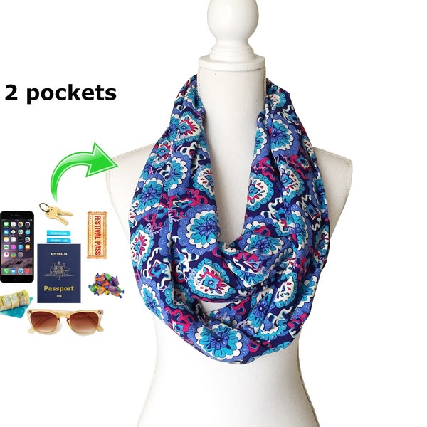 Zip Pocket Loop Infinity Scarf for passport money ID keys phone Blue Fabric