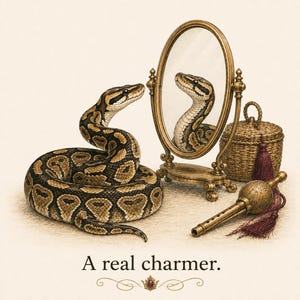 Pode incluir: Uma píton-real com escamas de padrão castanho e preto enrolada ao lado de um espelho oval dourado, um pequeno cesto entrançado com uma borla vermelho-escura e uma flauta metálica. O texto A real charmer está impresso sob os objetos.