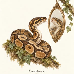May include: A brown and tan patterned ball python rests on a mossy branch with green ivy leaves. The snake faces an oval gold-framed mirror hanging from a branch, reflecting its head. The text A real charmer is printed at the bottom center.