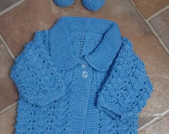 Hand knitted baby jacket with matching shoes. More colours soon to be listed.