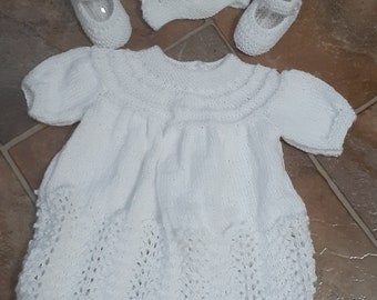 Hand knitted classic white baby dress set perfect for Christening or that special occasion