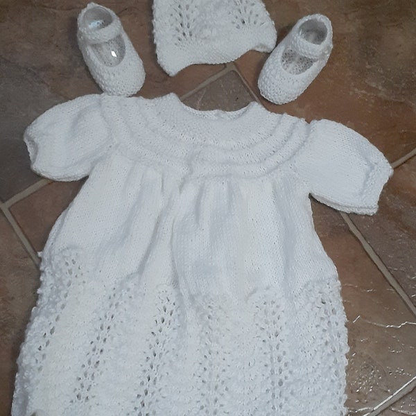 Hand knitted classic white baby dress set perfect for Christening or that special occasion