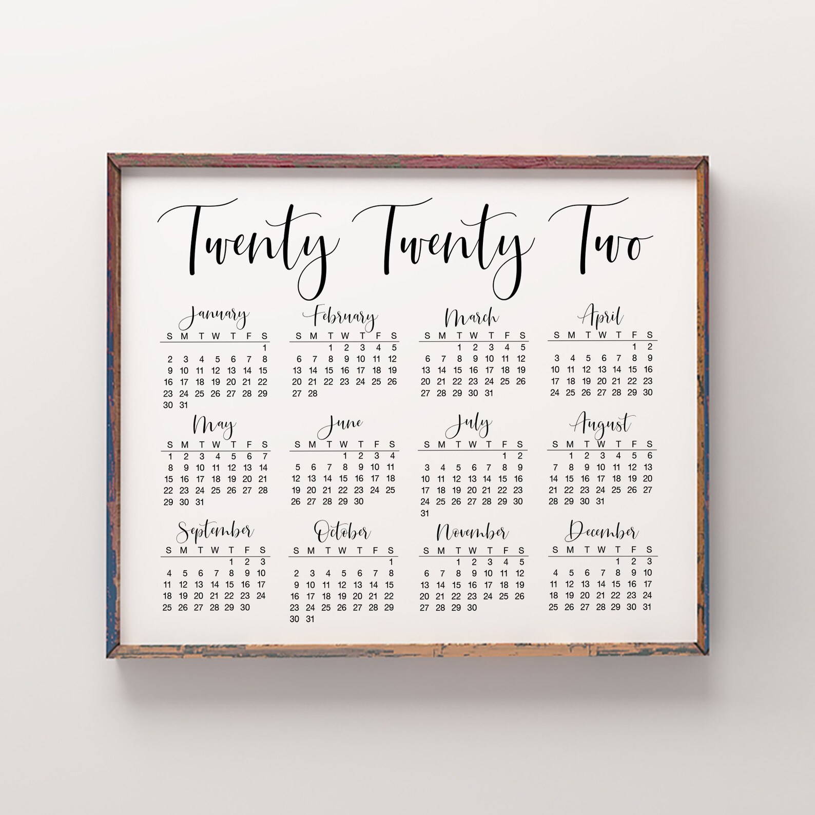 Printable 2022 Yearly Wall Calendar Large 2022 Calendar Etsy