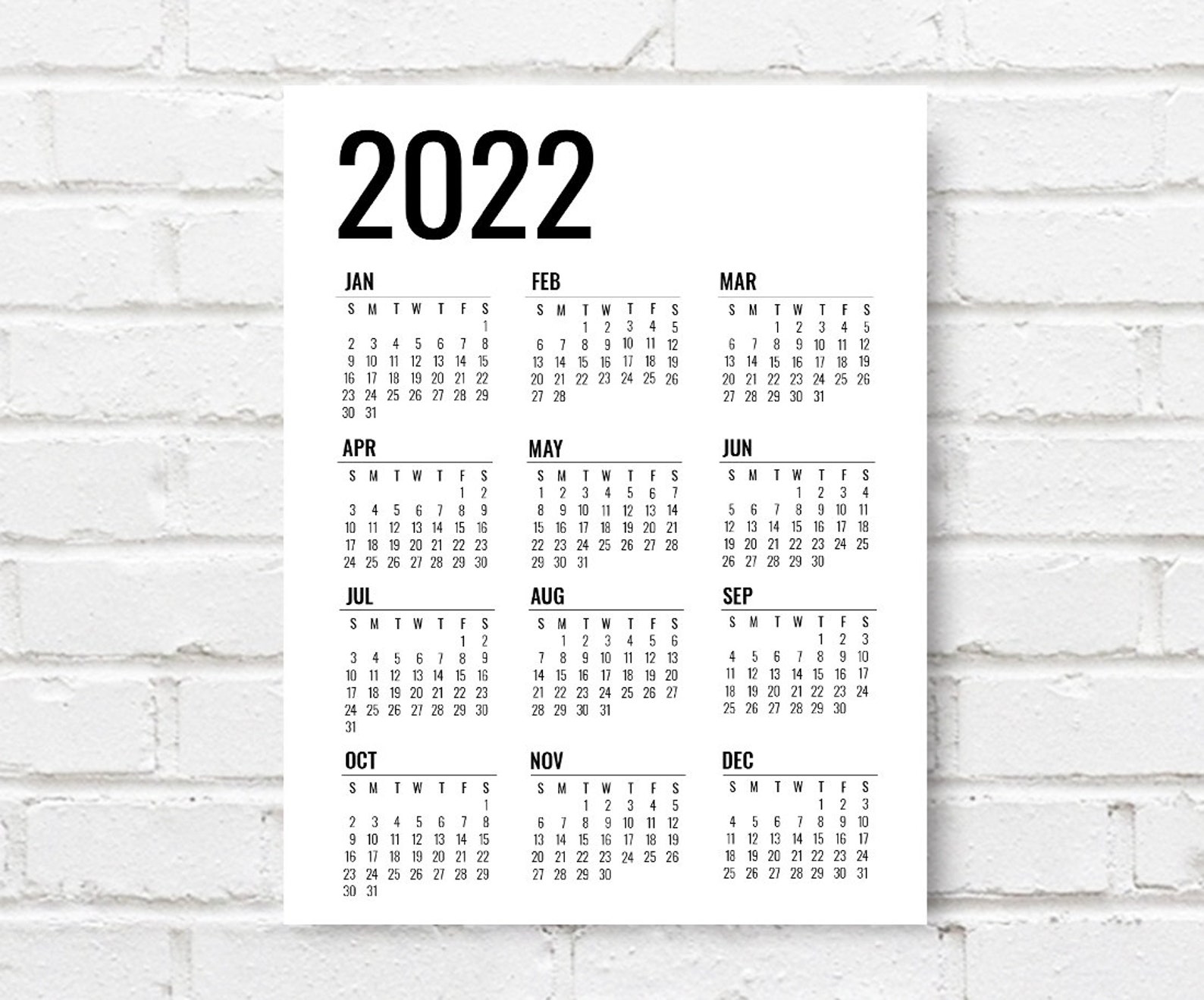 Printable 2022 Yearly Wall Calendar Large 2022 Calendar Etsy