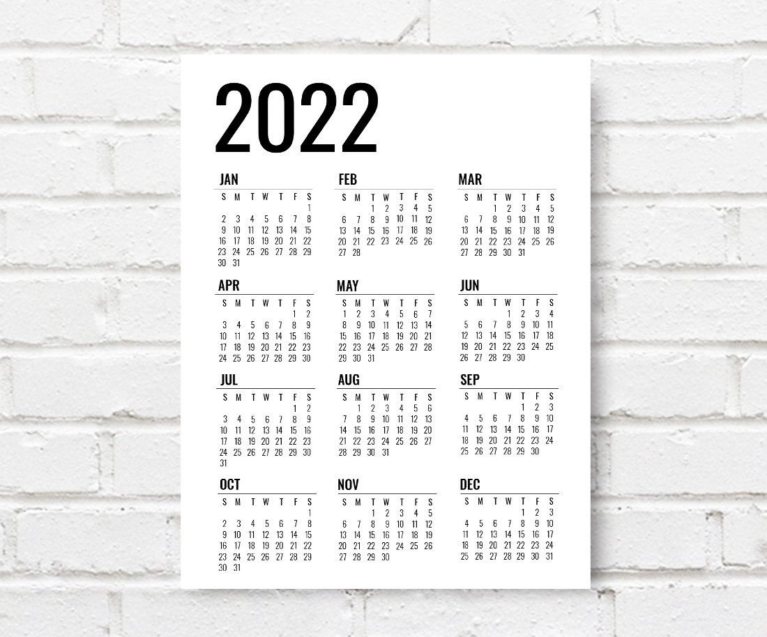 printable 2022 yearly wall calendar large 2022 calendar etsy